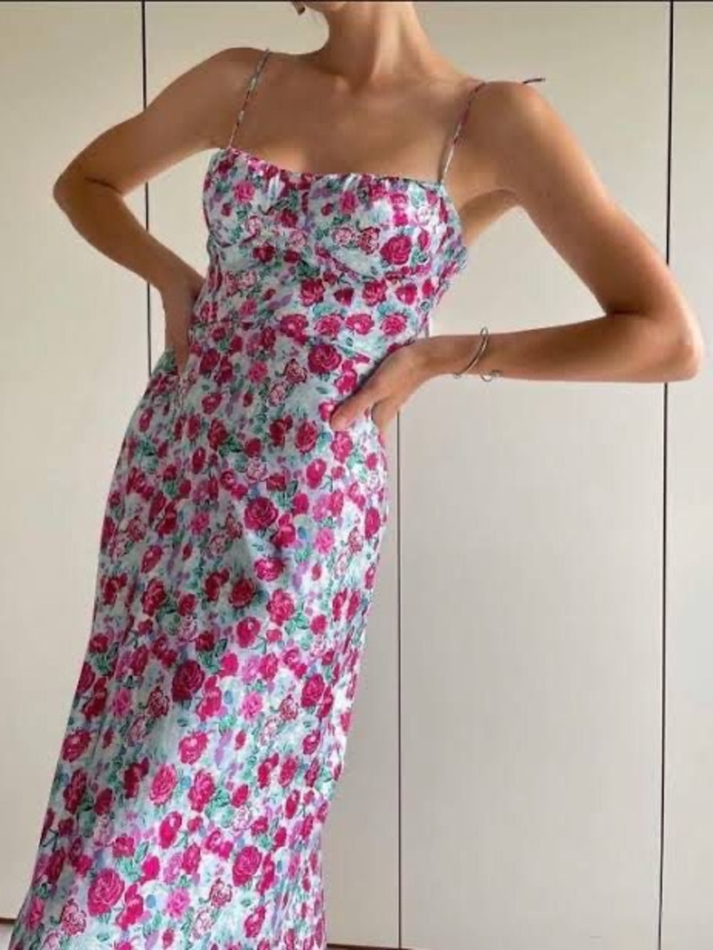 Zara floral satin midi dress with corset top and bows on straps